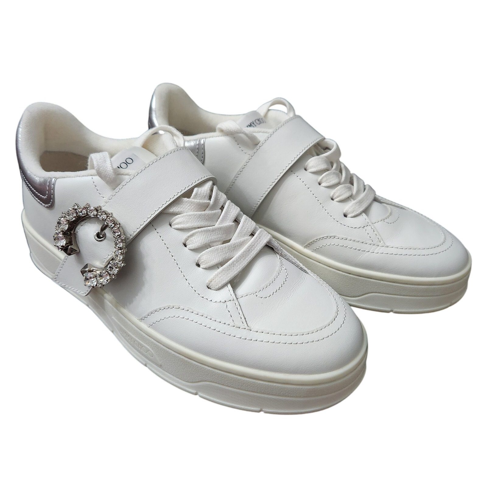 Jimmy Choo Osaka Lace Up White Leather Crystal Buckle Sneakers Size Eu 37.5